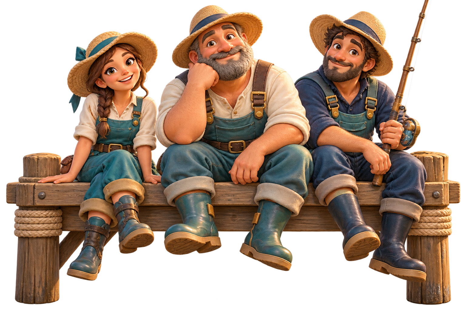 Illustrated crew gathered at the harbor